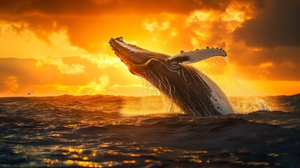 whale jumping out of the water at sunset