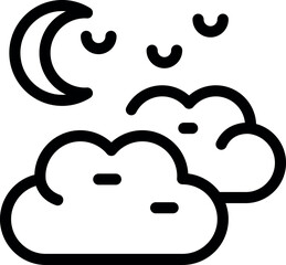 Simple line art illustration of a crescent moon shining over clouds during night time