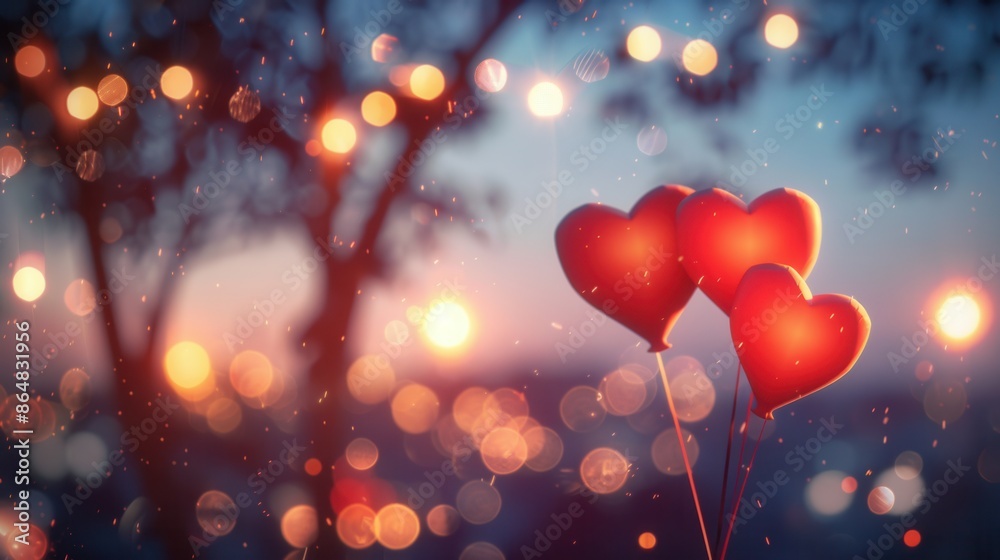 Poster an intimate and lovely image of heart-shaped balloons floating against a backdrop of twinkling light