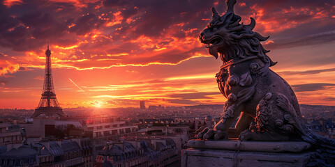 A wooden dragon statue with the sun setting behind it
