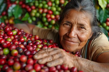 Colombian coffee picker woman holding coffee beans harvest