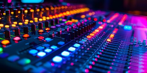 Vibrant Audio Mixing Board in Dim Recording Studio Environment. Concept Music Production, Sound Engineering, Recording Equipment, Studio Setup