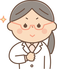 自信を持って胸を張る白衣の女性