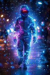 Fototapeta premium Model wearing futuristic suit walking in cyberpunk city