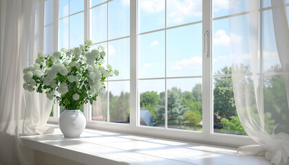 Fototapeta premium Design ideas for windows for maximizing natural light, house, apartment, design, architecture, interior, windows, glass doors, daytime, light, ornamental plants, curtains, sky, sunlight, AI-generated.