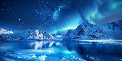 Fantasy landscape with mountains lake and sky with moon and stars
