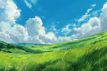 Obraz premium Beautiful scenic view of rolling green hills and fluffy white clouds in a bright blue sky. Nature landscape art of an idyllic countryside, perfect for travel and tourism.