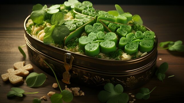  A box filled with green leaves and clovers
