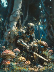 Medieval knight relaxing in fantasy forest with giant snail