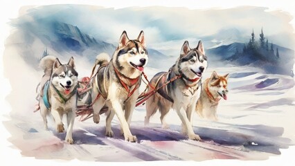 Naklejka premium Sled Dogs in Snowy Landscape