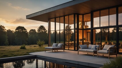 Obraz premium Modern Glass House at Sunset