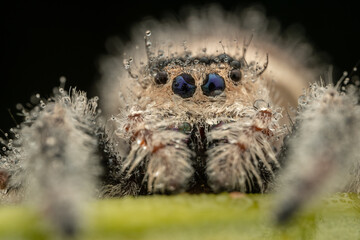 Nature wildlife macro image of Phidippus regius jumping spider action on green leaf. Shows eye details.