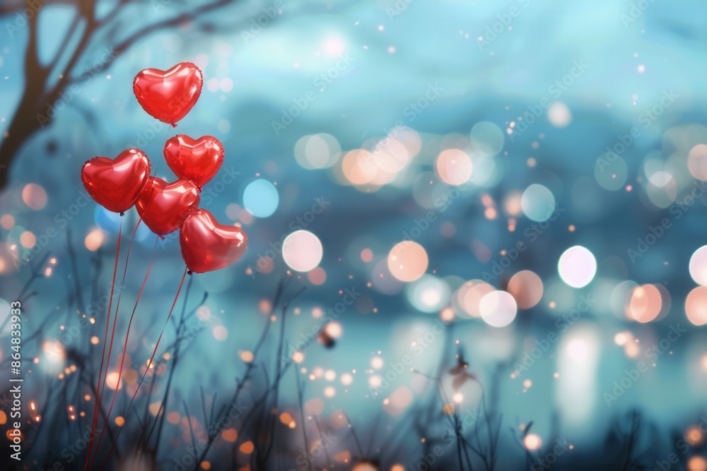 Aufkleber heart-shaped balloons float against a backdrop of twinkling lights and a dreamy, romantic evening at