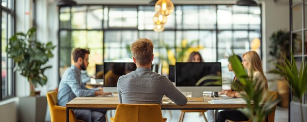 Team members collaborate in a modern, bright office space with ample natural light, working on computers and sharing ideas at desks surrounded by plants and contemporary lighting.