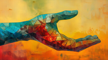 Abstract colorful hand reaching out, stylized in geometric shapes against a warm, blurred background.