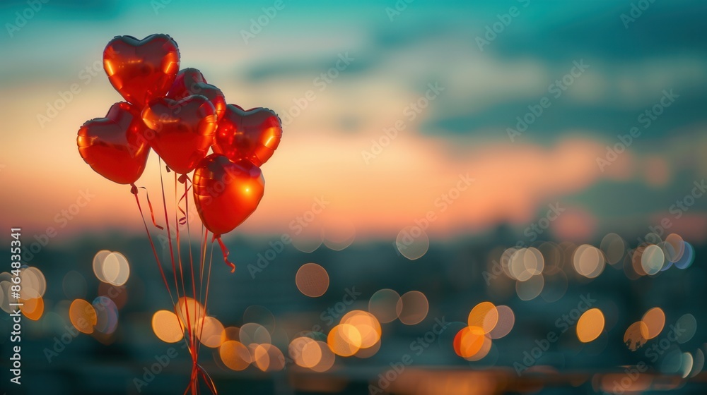 Poster heart-shaped balloons floating against a backdrop of a city skyline at sunset, creating a romantic a