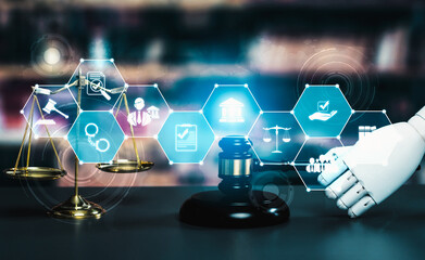 AI ethics related law concept shown by AI robot hand using lawyer working tools in lawyers office...