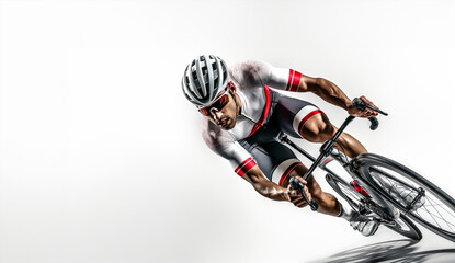Fototapeta premium A man is riding a bicycle on a road. Concept of speed and motion, as the cyclist is in the process of turning a corner. The man's attire, including his helmet and cycling gear