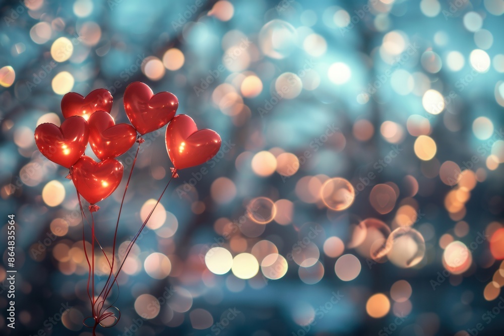 Poster romantic image of red heart-shaped balloons against a backdrop of warm, shimmering lights. perfect f