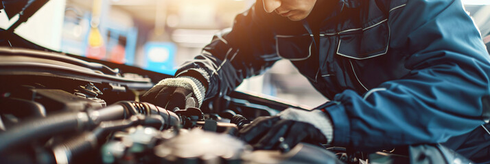 Skilled technician working on vehicle in a well-equipped garage. Perfect for use in content related to car maintenance, auto repair shops, or showcasing professional mechanical expertise