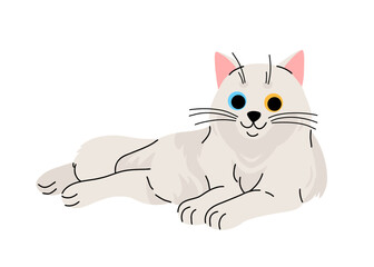 Cute cat concept. Adorable domestic turkish angora cat with heterochromia. Fluffy white kitten lying. Cartoon flat vector illustration isolated on white background
