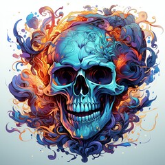 Vivid Blue Skull with Flames and Smoke. Digital Art Illustration
