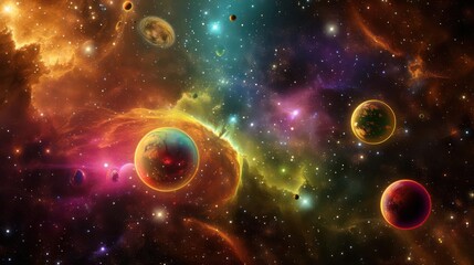 Naklejka premium A colorful star cluster with exotic exoplanets orbiting around it.,majestic astronomical image of galaxy universe space beautiful like magic in dream