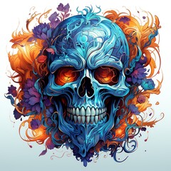 Blue Metallic Skull with Glowing Eyes and Floral Embellishments. A Striking Digital Art Illustration