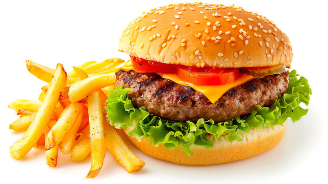 cheeseburger with a small side of french fries isolated on a white background