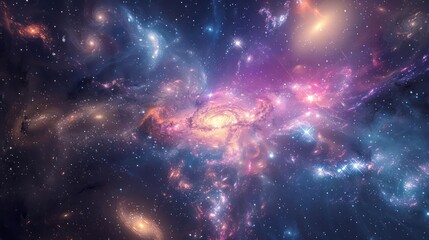 Fototapeta premium A distant galaxy cluster with intense gravitational interactions.,majestic astronomical image of galaxy universe space beautiful like magic in dream