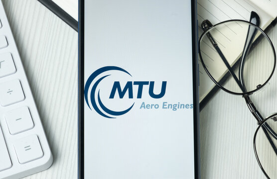 New York, USA - 21 June 2024: MTU Aero Engines Logo on Phone Screen, Company Icon