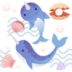 Cute blue narwhal with abstract waves on background and shells with pearl cartoon animal design vector illustration seamless pattern