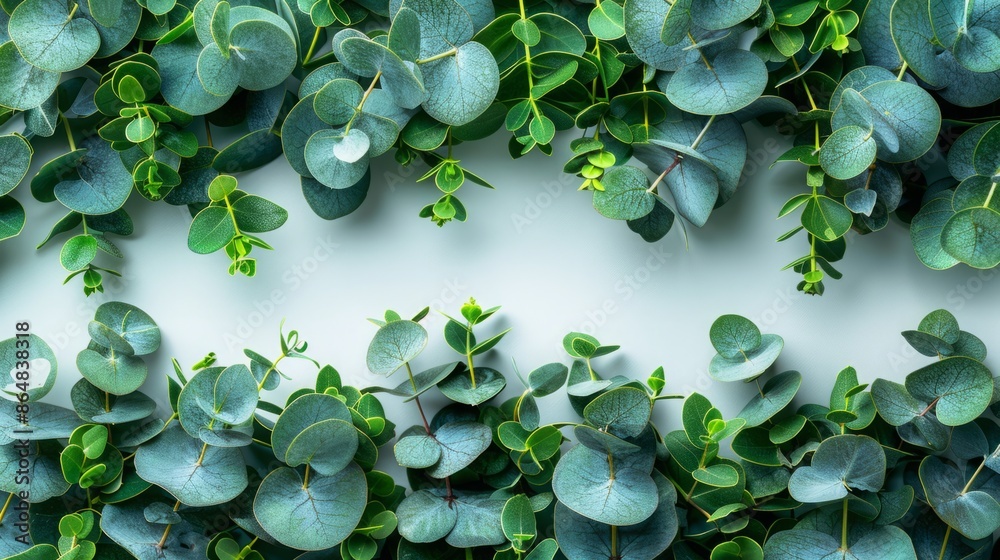 Poster eucalyptus leaves arranged in a border frame around a white background.