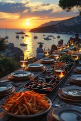 Mediterranean dinner with sea view. A glass of wine, mussels, and other snacks. Romantic evening