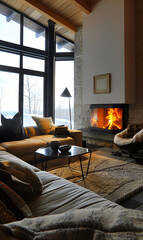 Cozy modern living room with a warm fireplace. Ideal for showcasing interior design, comfortable home decor, or promoting cozy home living spaces