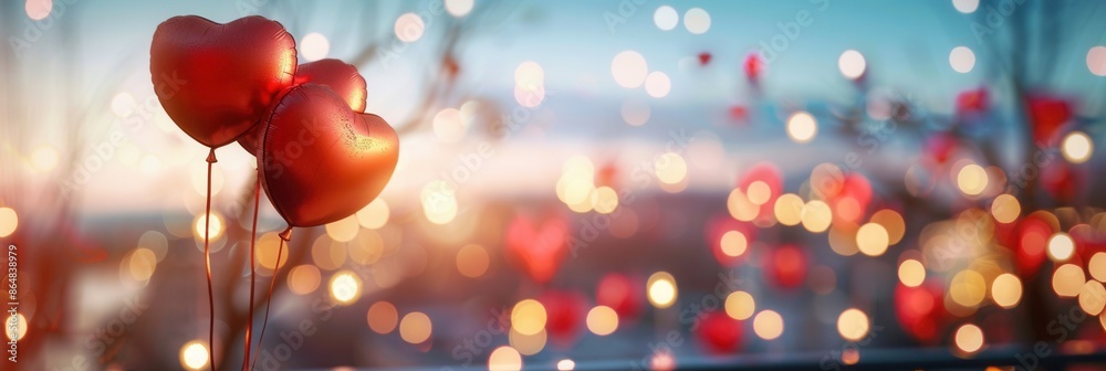 Poster two red heart-shaped balloons float against a backdrop of warm evening lights, creating a romantic a