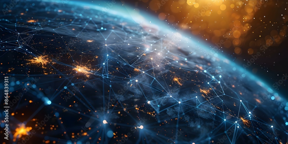 Poster connecting the world through a global tech network creating a cybernetic planet with glowing connect