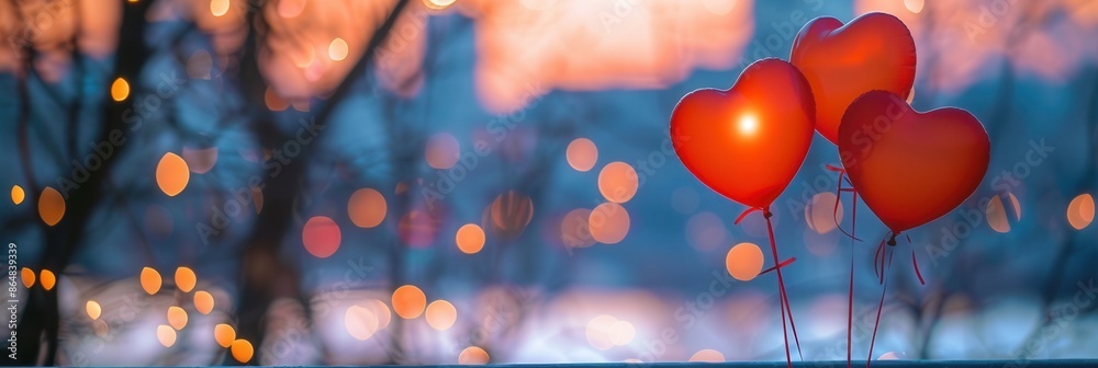 Aufkleber three red heart-shaped balloons float against a backdrop of twinkling lights and a blurred cityscape