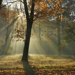 Fototapeta premium Fog in the autumn forest: Under the early morning sunshine, the autumn forest is filled with thin fog, and the trees and the ground are covered with a light layer of white fog. Descriptors: Autumn for
