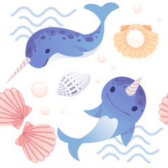 Cute blue narwhal with abstract waves on background and shells with pearl cartoon animal design vector illustration seamless pattern