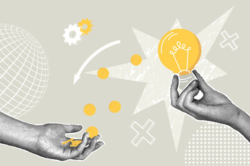 Trendy halftone business concept collage. Idea concept, financial profit. Trendy modern retro illustration. Business concept, financial planning. Vector illustration