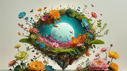 Surreal Floral Composition with Mountains and Moon.