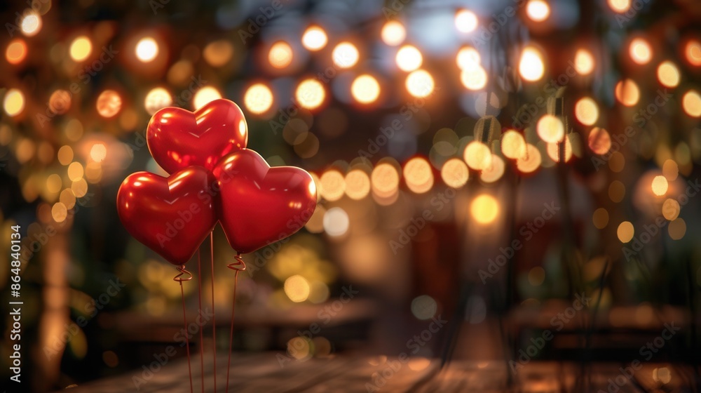 Poster Three red heart-shaped balloons in the foreground with a blurred background of string lights illuminating a romantic scene at dusk. Generative AI