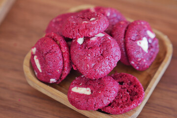 Red Velvet Cookies with White Chocolate Chips on a Rustic Tray, perfect for holiday treats