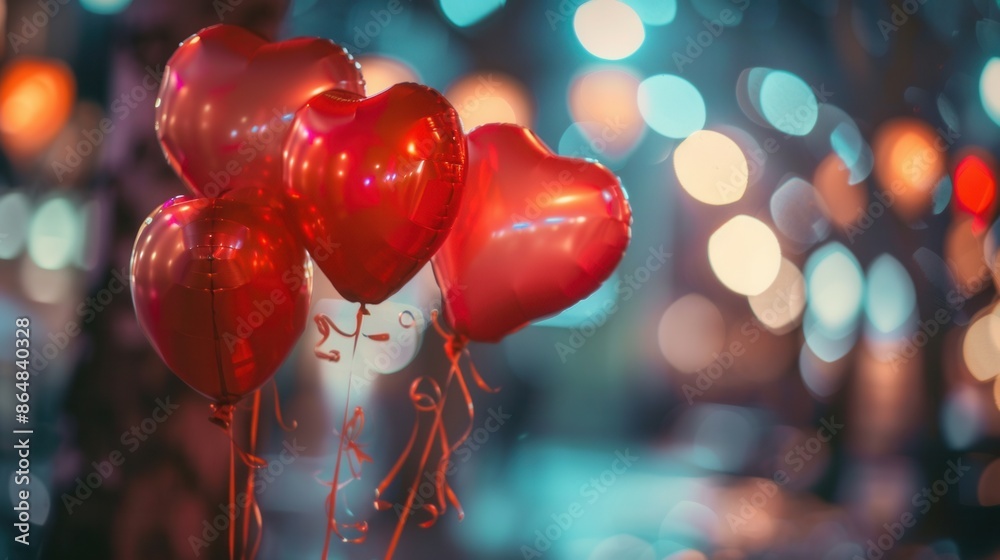 Poster a close-up of heart-shaped balloons against a soft background of city lights. this image captures th