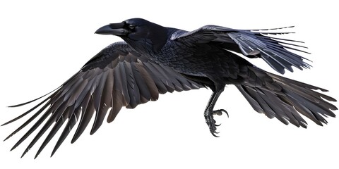 Naklejka premium Crow flying alone with transparent background - cutout image. Concept Wildlife Photography, Nature Images, Crow Silhouette, Transparent Background, Animal Cutout