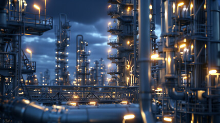  industrial oil and gas production facility at night, illuminated by lights on the massive pipes and machinery, creating intricate patterns in shades of