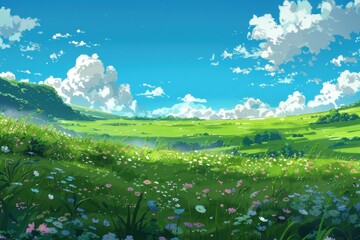 Fototapeta premium Beautiful digital painting of a lush green meadow with wildflowers, blue sky and white clouds. Peaceful nature landscape art.