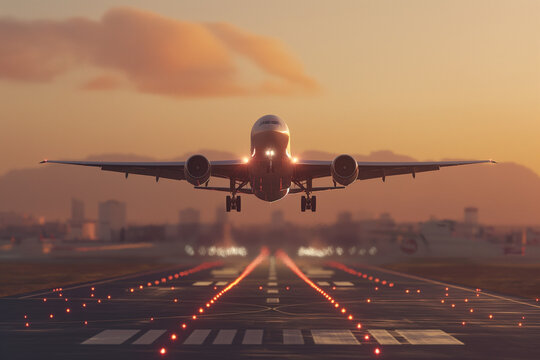 vehicles by ai, airplane taking off from an airport runway at sunset, photorealistic // ai-generated 