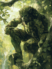 Fototapeta premium A large, leafy creature stands in a forest, its form made entirely of vines, leaves, and branches. Its face is obscured by foliage, but its eyes glow with an unnatural light.